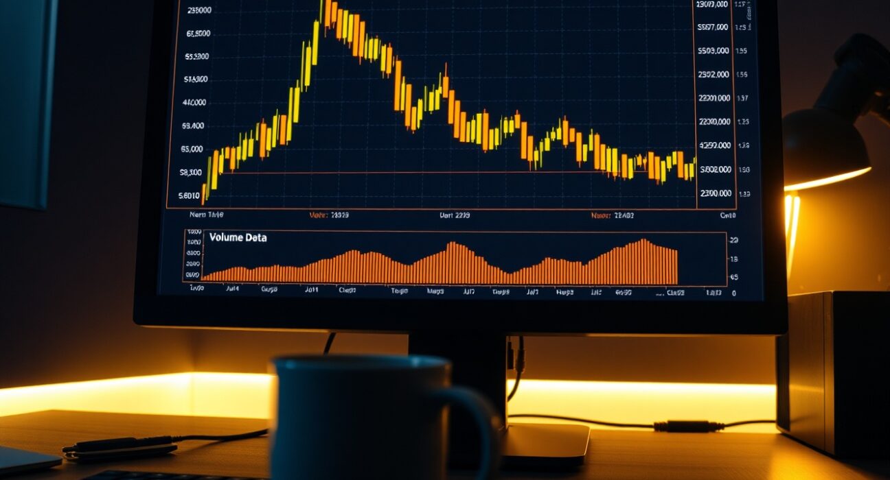 Bitcoin trading chart with volume heatmap and cumulative volume delta indicator on monitor