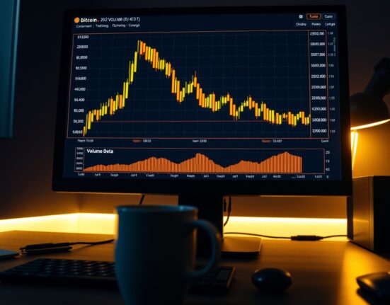 Bitcoin trading chart with volume heatmap and cumulative volume delta indicator on monitor