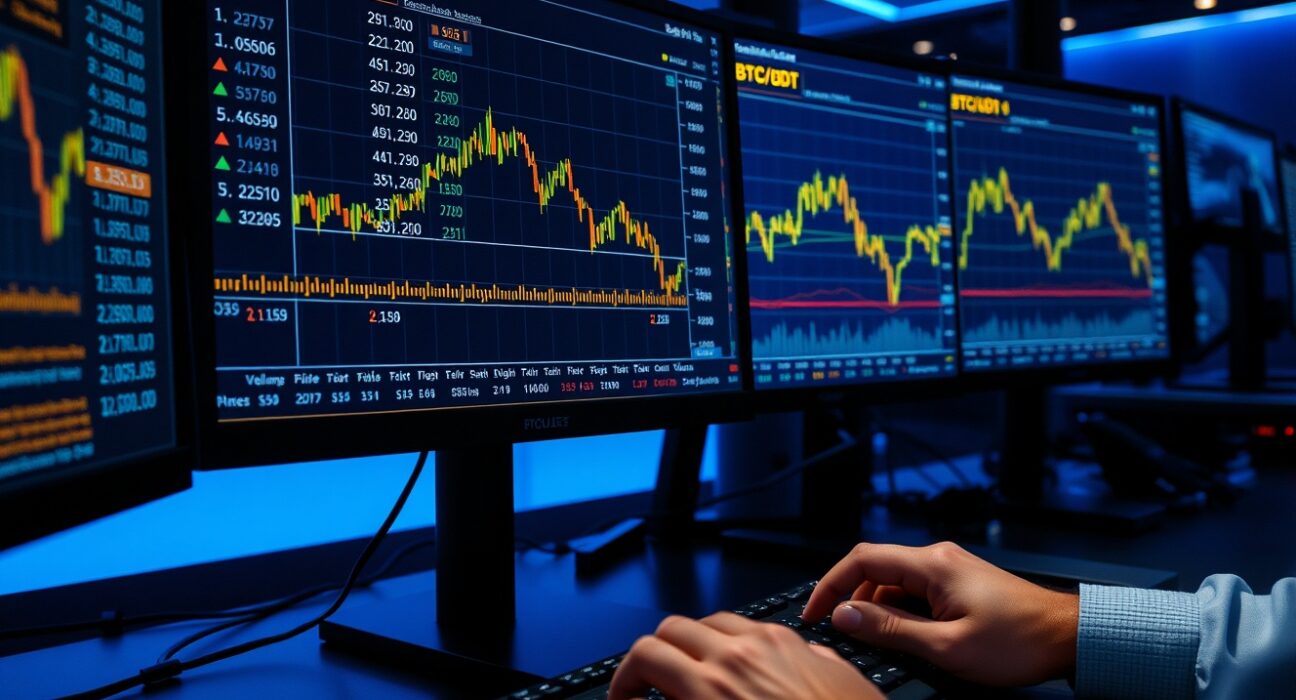 Trading desk monitor showing BTC spot CVD chart and volume heatmap for Bitcoin analysis