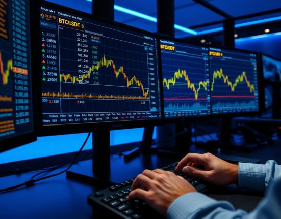 Trading desk monitor showing BTC spot CVD chart and volume heatmap for Bitcoin analysis
