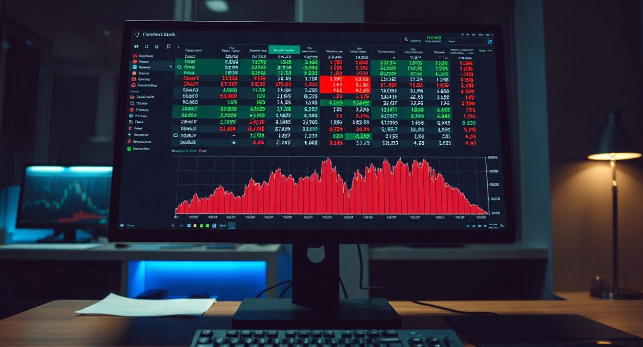 Bitcoin order book and cumulative volume delta chart on a trading monitor.