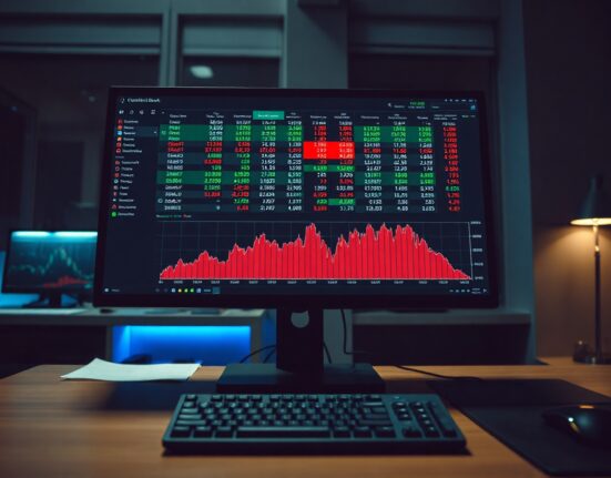 Bitcoin order book and cumulative volume delta chart on a trading monitor.