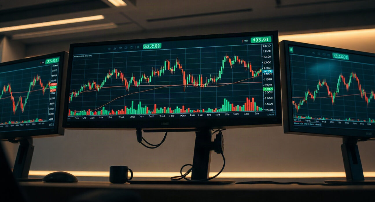 Bitcoin trading desk with monitors showing volume heatmap and cumulative volume delta charts