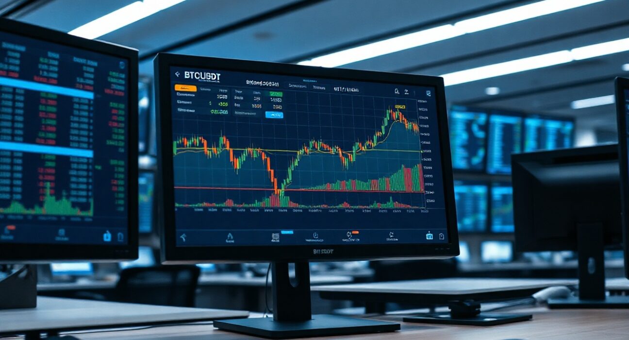 Bitcoin spot trading chart showing cumulative volume delta and volume heatmap on a professional trading monitor