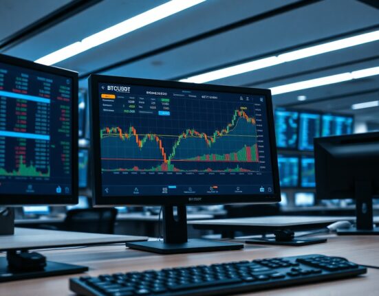 Bitcoin spot trading chart showing cumulative volume delta and volume heatmap on a professional trading monitor