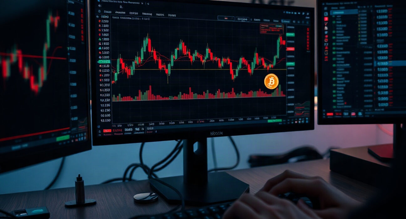 Trader monitoring Bitcoin spot CVD chart with volume heatmap and cumulative volume delta on multiple screens.
