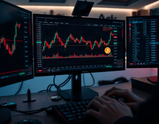 Trader monitoring Bitcoin spot CVD chart with volume heatmap and cumulative volume delta on multiple screens.