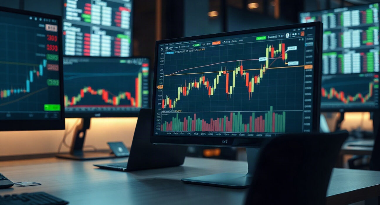 Trading desk with monitors showing Bitcoin price chart and order book heatmap