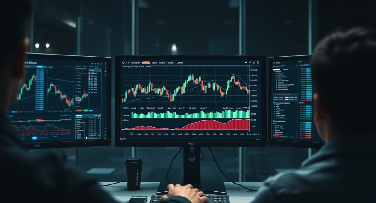 Bitcoin CVD chart on a trading monitor with Volume Heatmap and order flow indicator