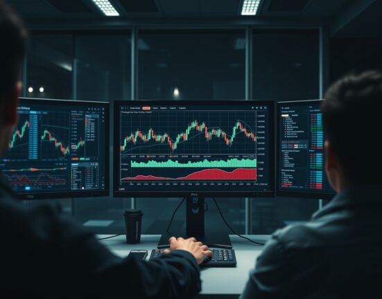 Bitcoin CVD chart on a trading monitor with Volume Heatmap and order flow indicator