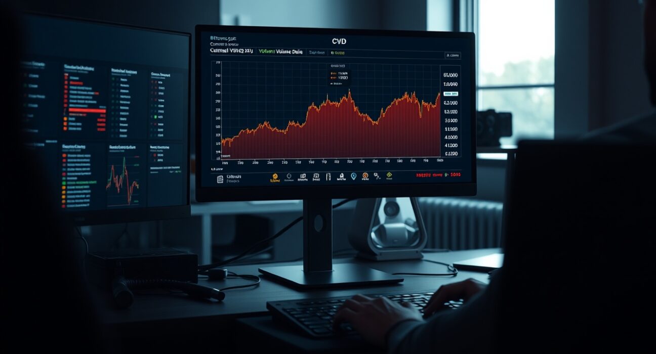 Bitcoin spot CVD chart on a trading monitor with volume heatmap and cumulative volume delta lines