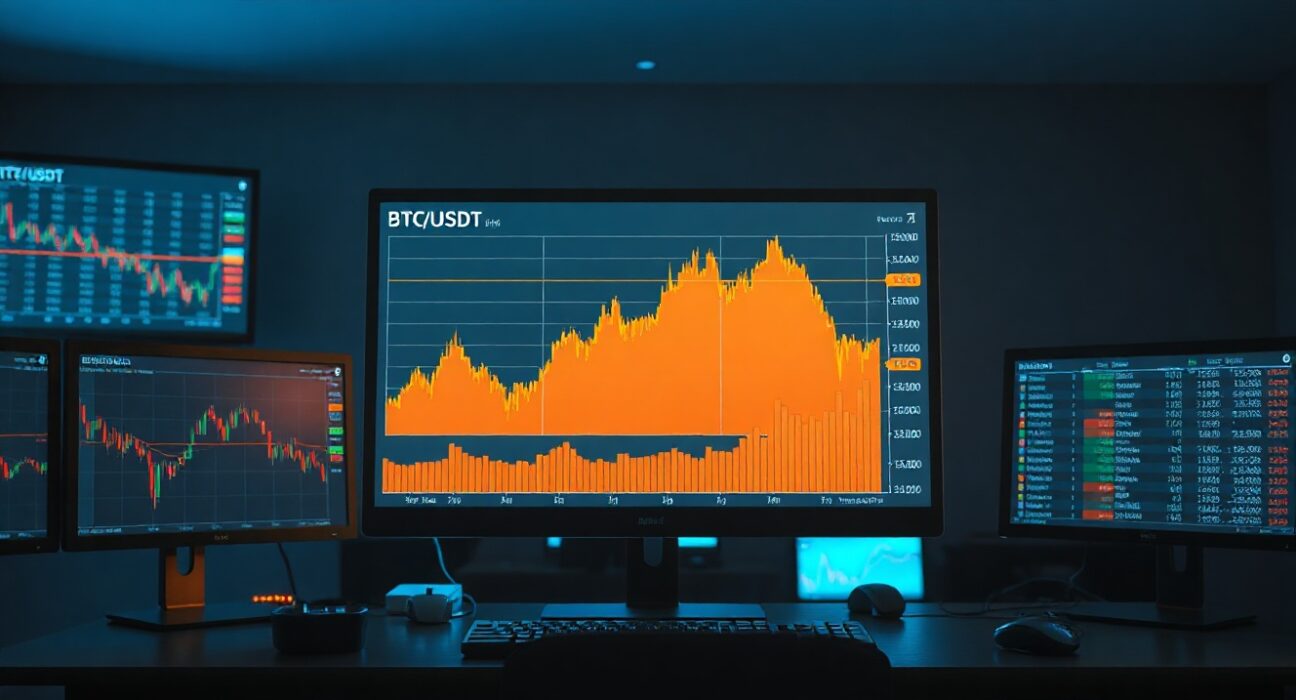 Trading desk monitors displaying Bitcoin order book and volume heatmap chart