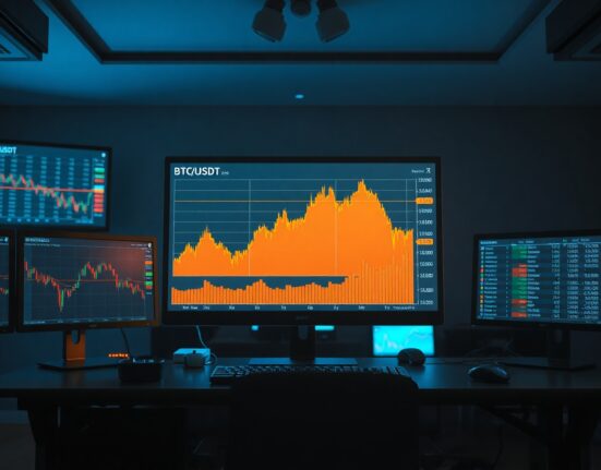 Trading desk monitors displaying Bitcoin order book and volume heatmap chart