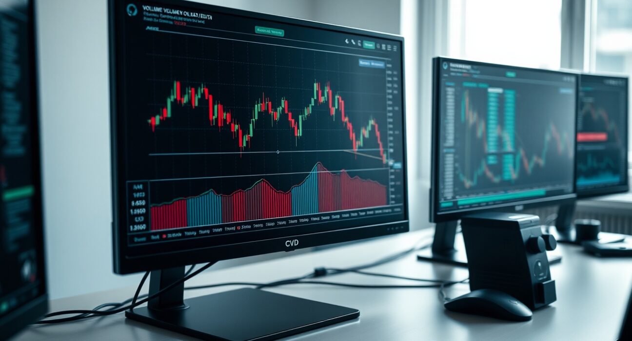 Bitcoin spot trading chart with volume heatmap and cumulative volume delta indicator on monitors at a professional trading desk