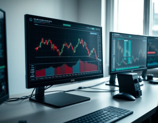 Bitcoin spot trading chart with volume heatmap and cumulative volume delta indicator on monitors at a professional trading desk