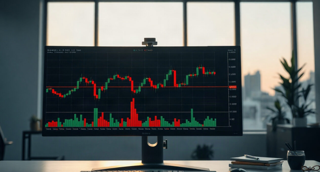 BTC spot CVD chart on a trading terminal monitor, showing volume heatmap and cumulative volume delta lines.