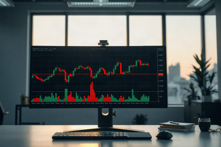 BTC spot CVD chart on a trading terminal monitor, showing volume heatmap and cumulative volume delta lines.