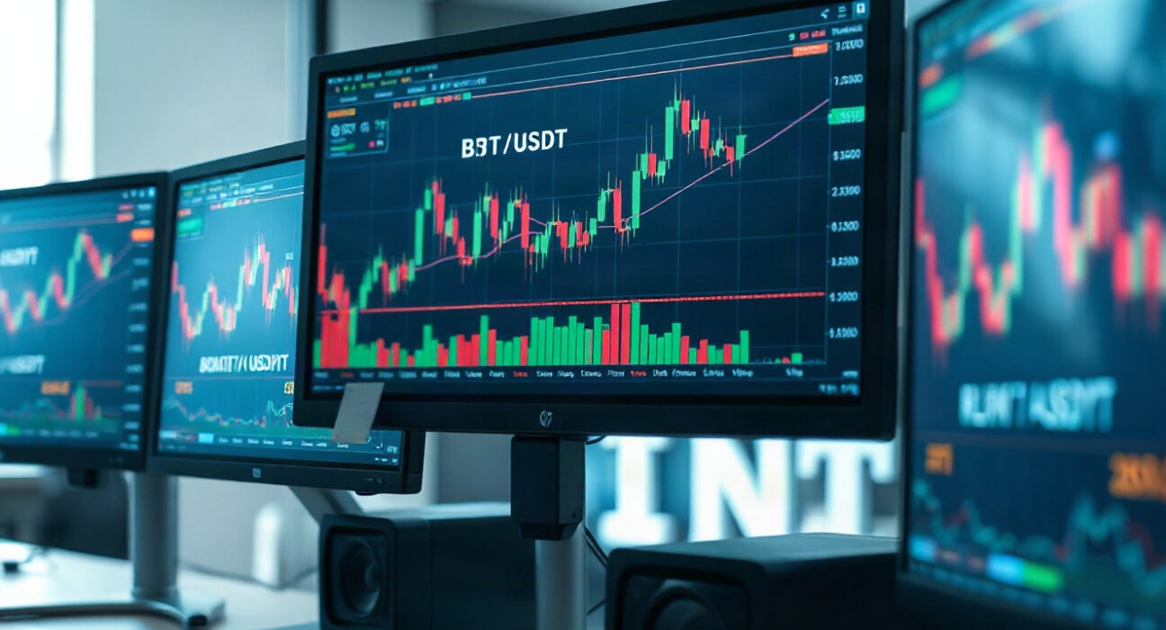 Bitcoin price chart with volume heatmap and cumulative volume delta on trading monitor
