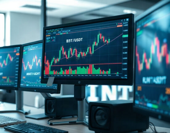 Bitcoin price chart with volume heatmap and cumulative volume delta on trading monitor