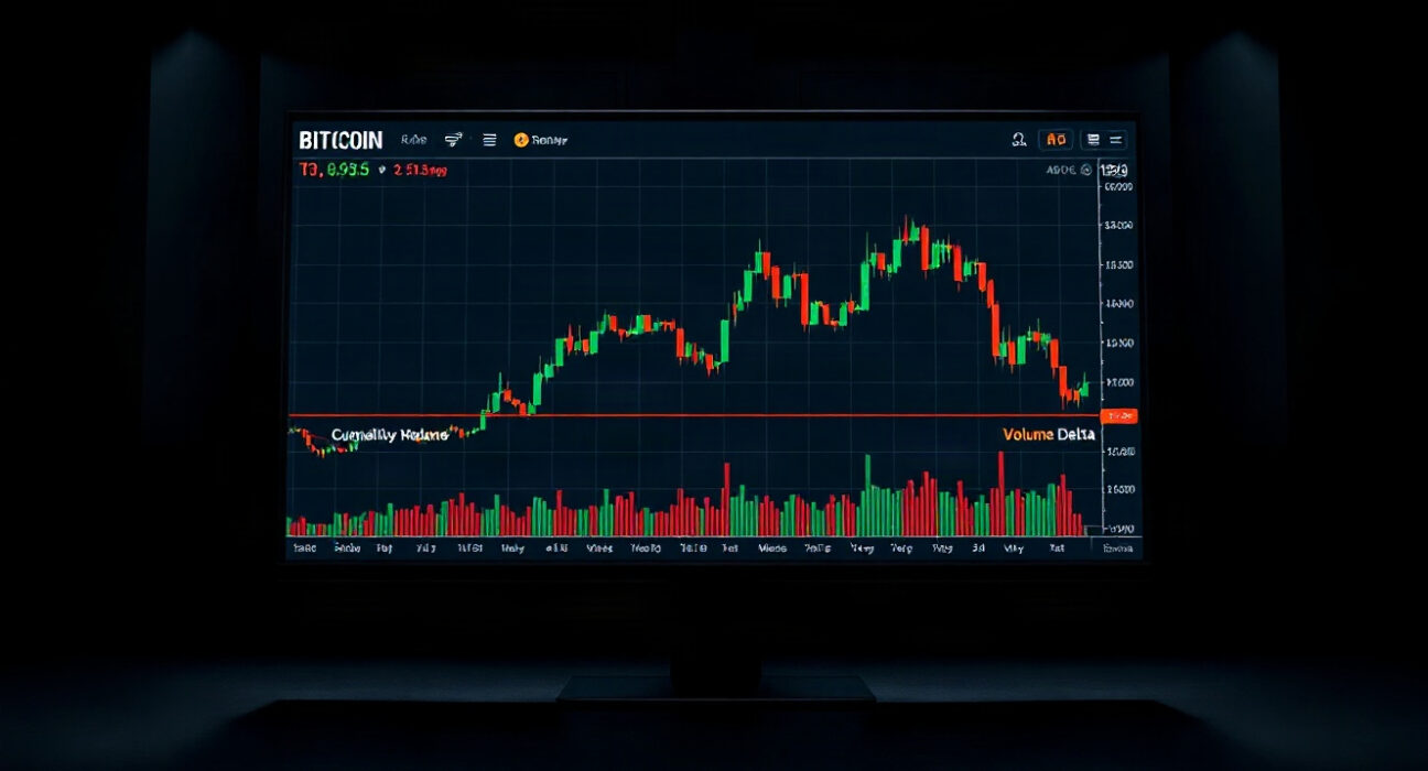 Bitcoin price chart with volume heatmap and CVD indicator on a trading screen