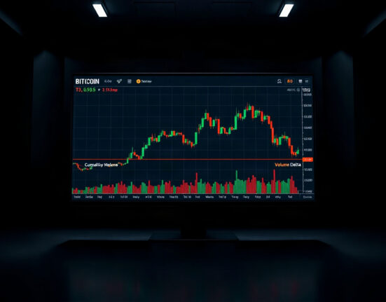 Bitcoin price chart with volume heatmap and CVD indicator on a trading screen