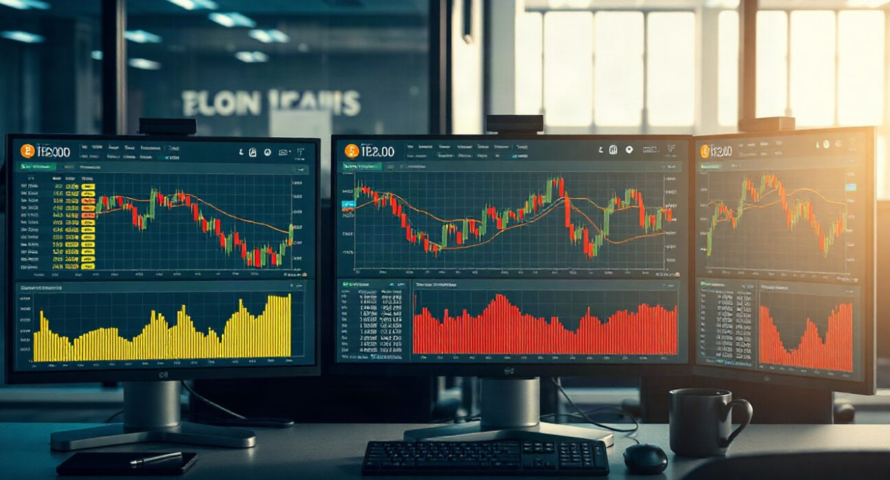 Trading desk with Bitcoin price charts and order book heatmap displaying cumulative volume delta.