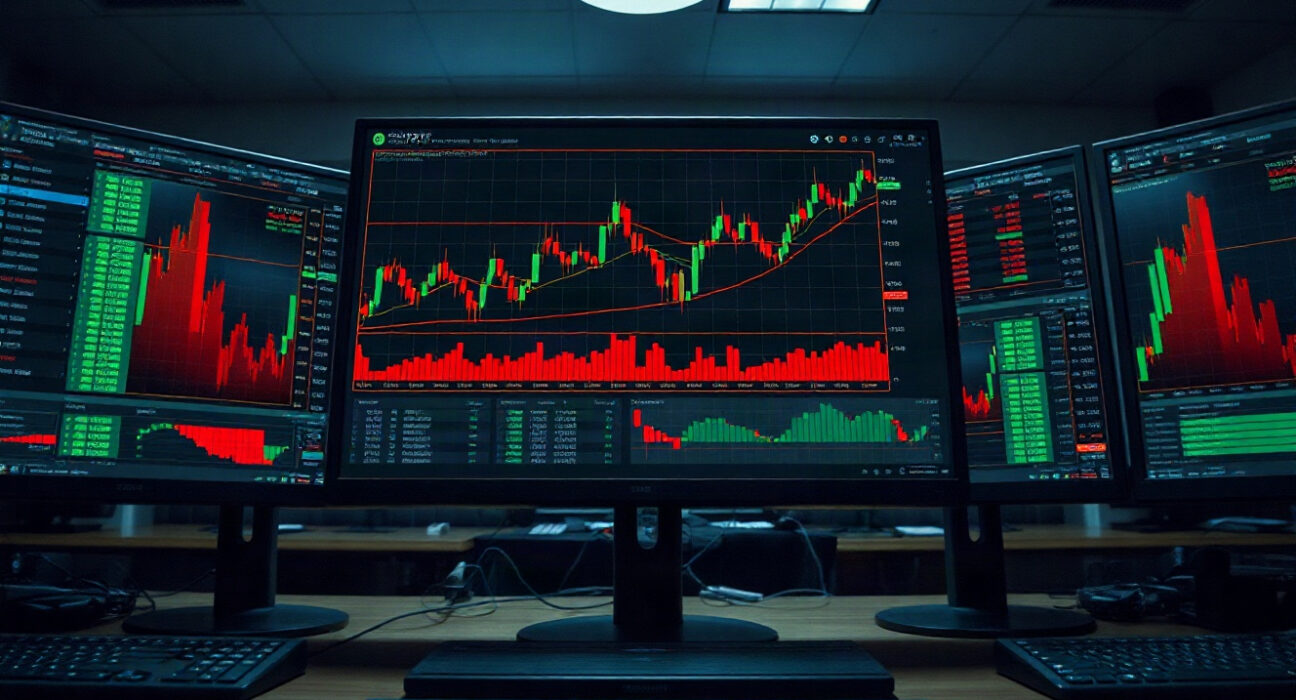 Trading monitor displaying BTC spot CVD chart with volume heatmap and cumulative volume delta