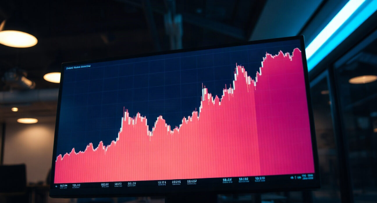 Trading monitor displaying a volume heatmap and cumulative volume delta chart for Bitcoin spot trading