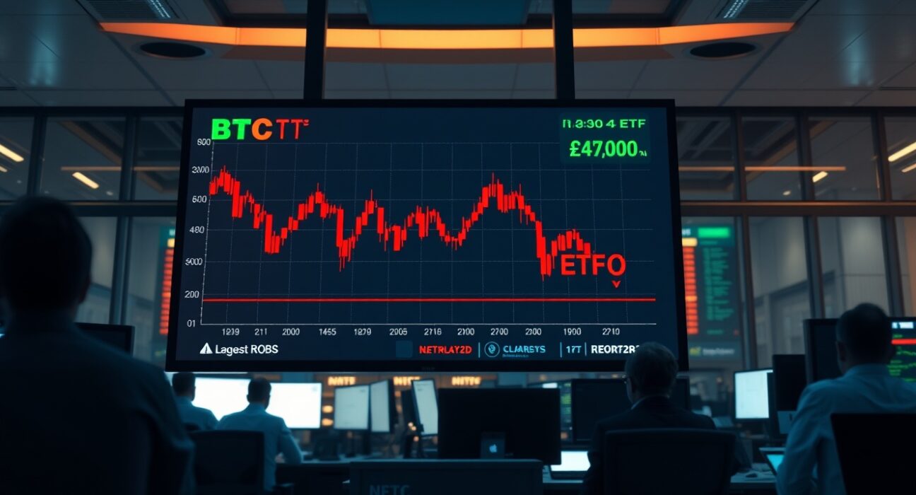 BTC spot ETFs display downward trend with red candlesticks on a trading floor screen