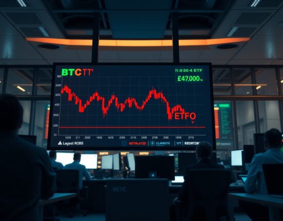 BTC spot ETFs display downward trend with red candlesticks on a trading floor screen