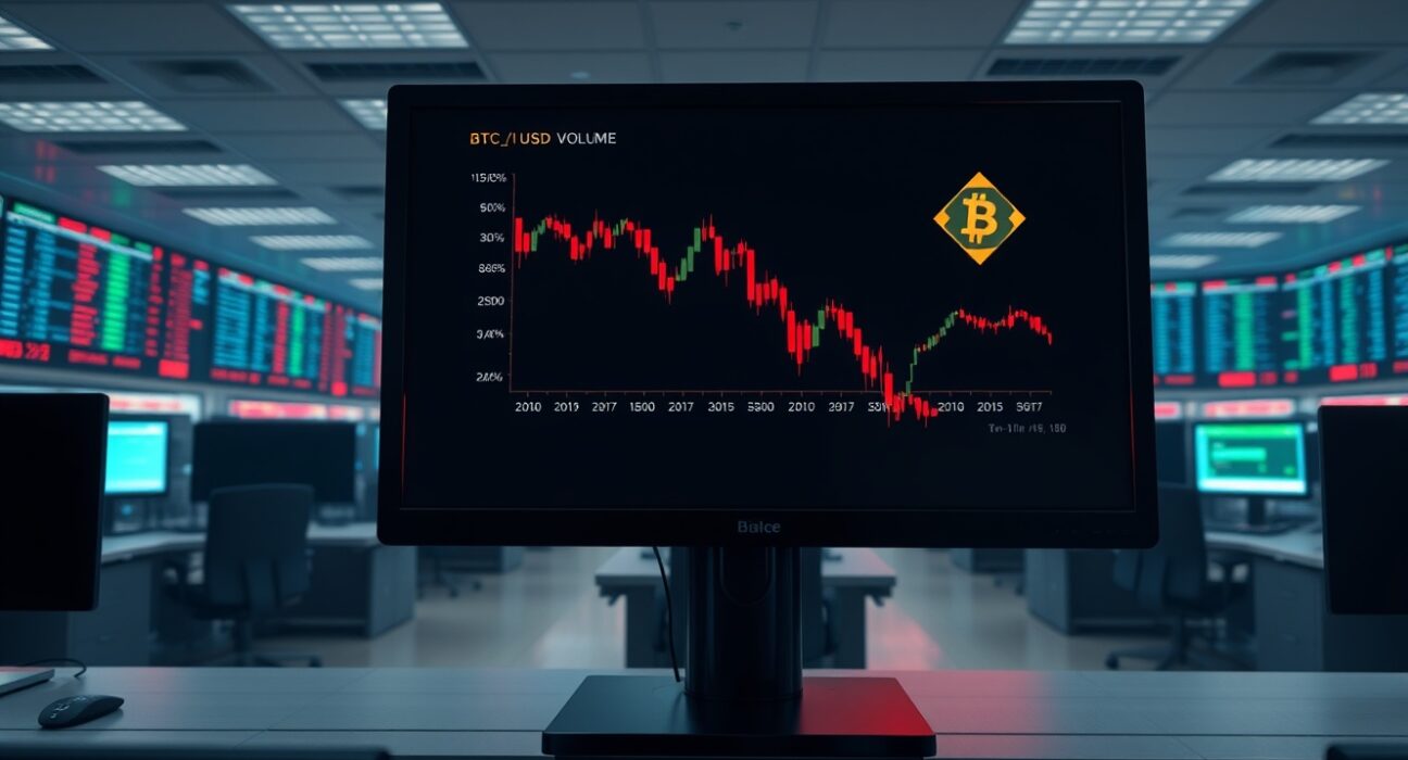 BTC spot volume plummets on Binance, with a sharp decline in Bitcoin trading volume shown on a monitor.