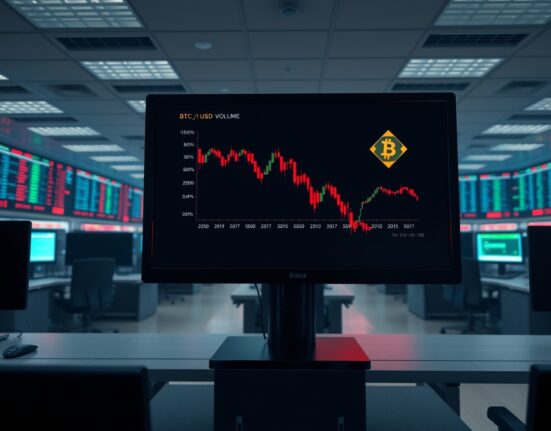 BTC spot volume plummets on Binance, with a sharp decline in Bitcoin trading volume shown on a monitor.