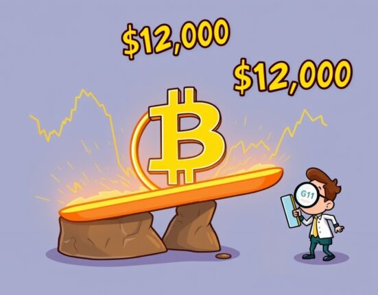 A cartoon illustrating the critical BTC support at $100K, showing the precarious balance if Bitcoin cannot reclaim the $112K mark.