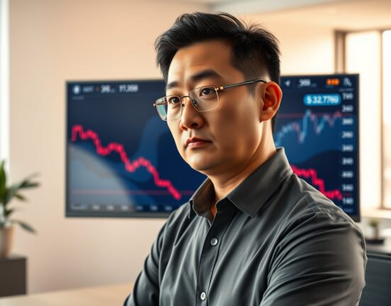 BTC.top founder Jiang Zhuoer analyzing cryptocurrency market charts in a professional setting.