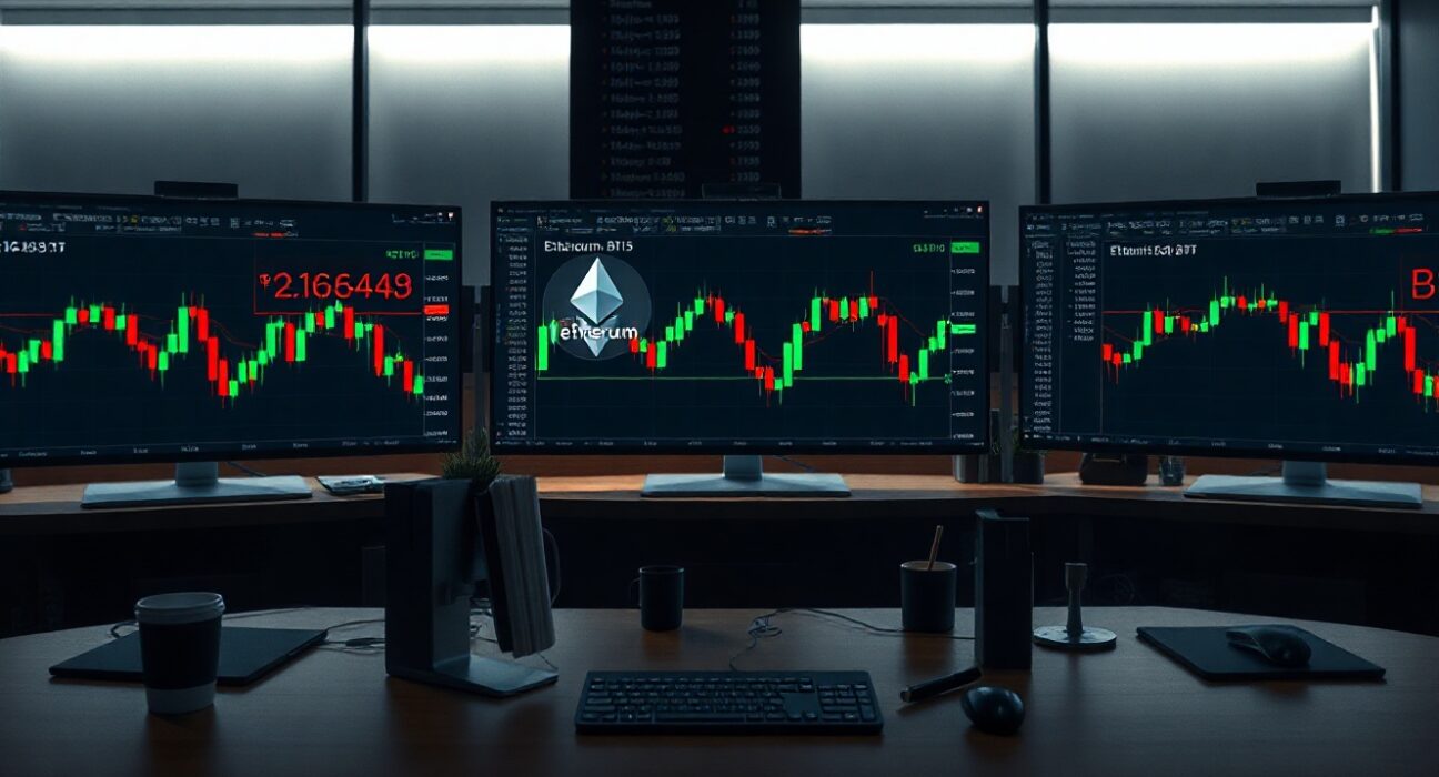 Professional trading desk with Ethereum price chart showing $1,645 level.