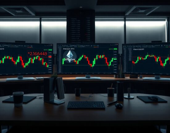 Professional trading desk with Ethereum price chart showing $1,645 level.