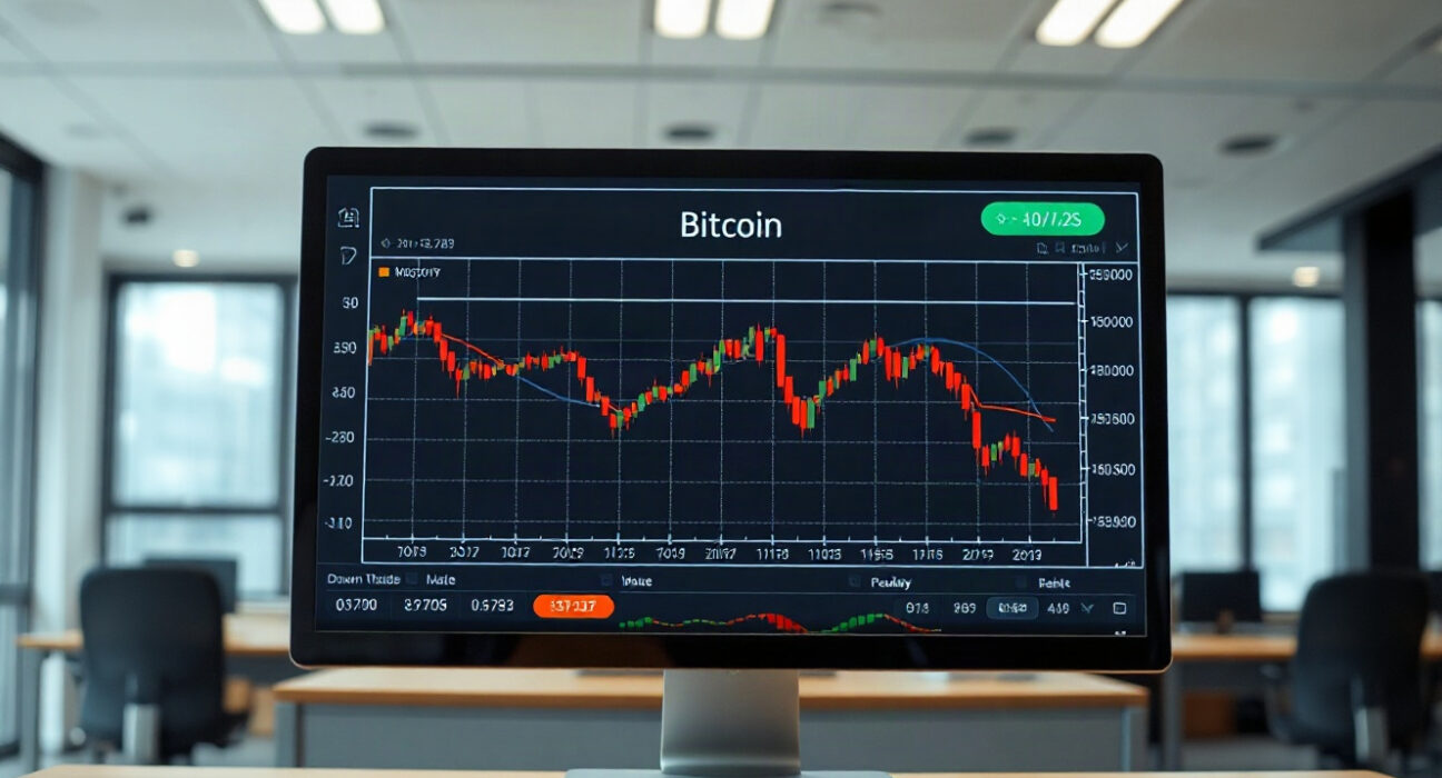 Bitcoin price chart on a screen showing a downward trend in a trading office
