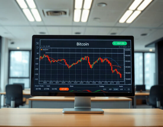 Bitcoin price chart on a screen showing a downward trend in a trading office