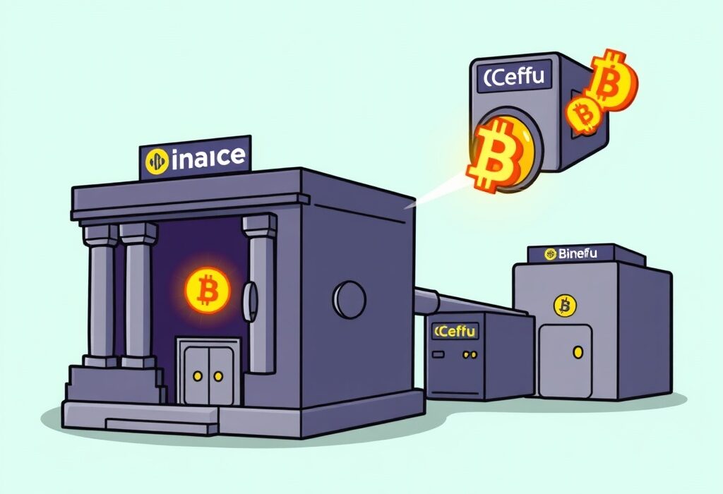 Cartoon showing a secure large BTC transfer from Binance to Ceffu, symbolizing major Bitcoin movement and digital asset security.