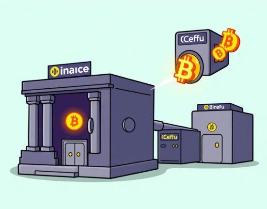 Cartoon showing a secure large BTC transfer from Binance to Ceffu, symbolizing major Bitcoin movement and digital asset security.
