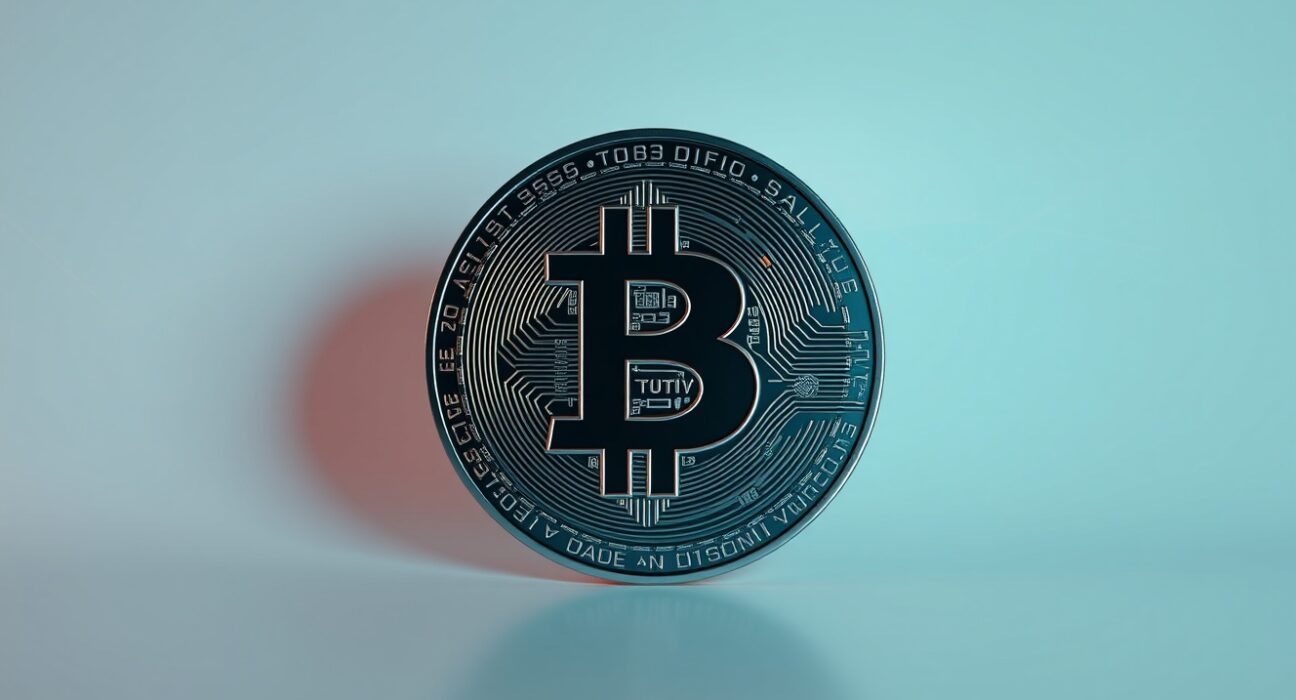 Bitcoin coin on a digital network background representing a large cryptocurrency transfer.