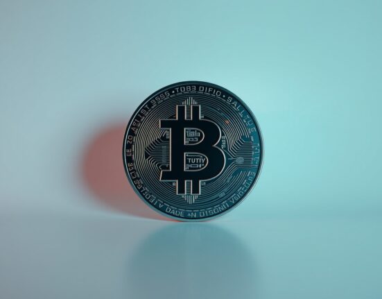 Bitcoin coin on a digital network background representing a large cryptocurrency transfer.