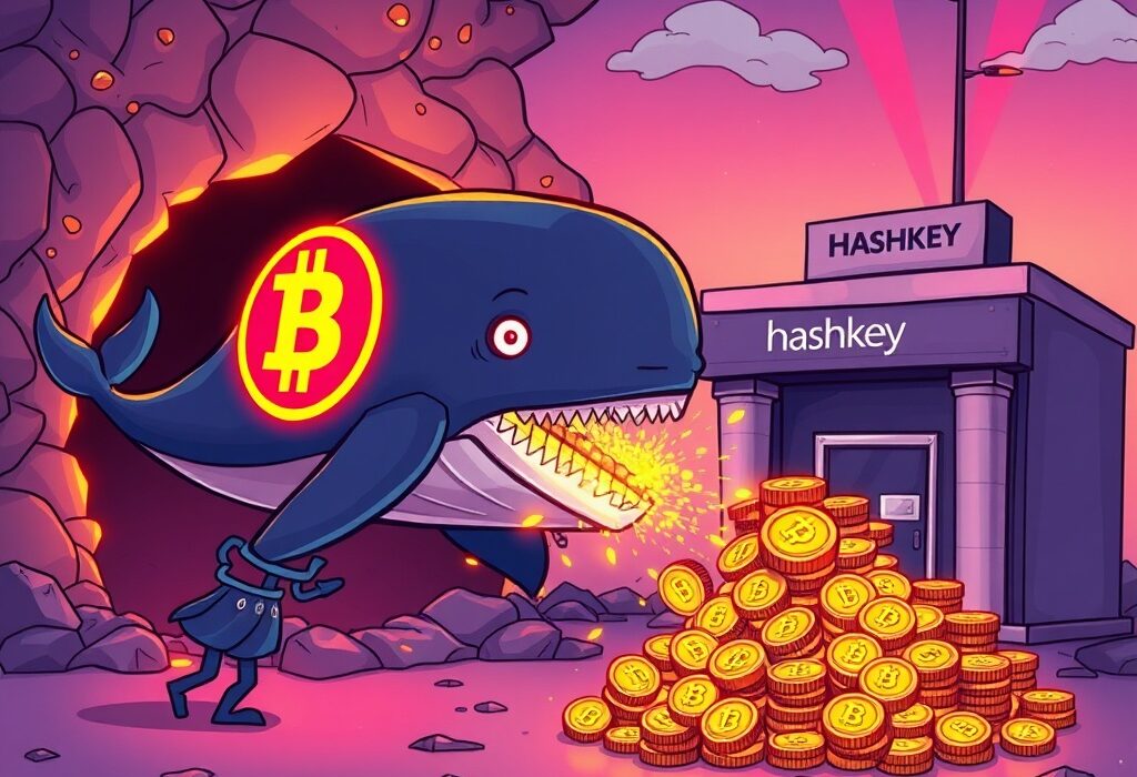 A cartoon whale moving a large BTC transfer of Bitcoin from a dark wallet to a Hashkey exchange, signifying a major crypto transaction.