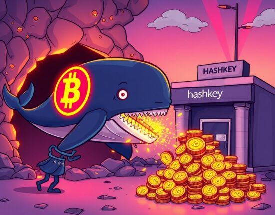 A cartoon whale moving a large BTC transfer of Bitcoin from a dark wallet to a Hashkey exchange, signifying a major crypto transaction.