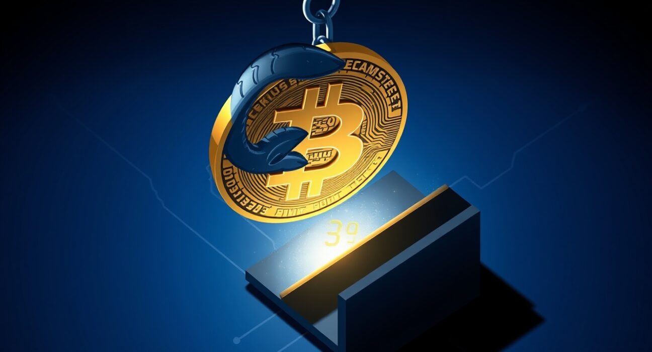 A large Bitcoin coin being transferred from a Kraken exchange symbol to an unknown digital wallet, illustrating the 5,000 BTC whale transaction.