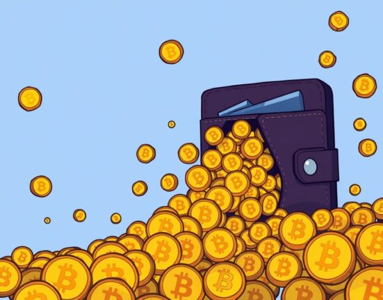 Cartoon illustration of a significant BTC transfer from Kraken to an unknown wallet, highlighting large crypto movement.