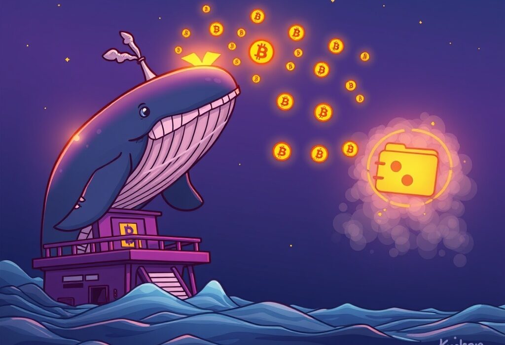 Cartoon illustration showing a significant BTC transfer Kraken from an exchange to an unknown wallet, symbolizing a large whale movement.