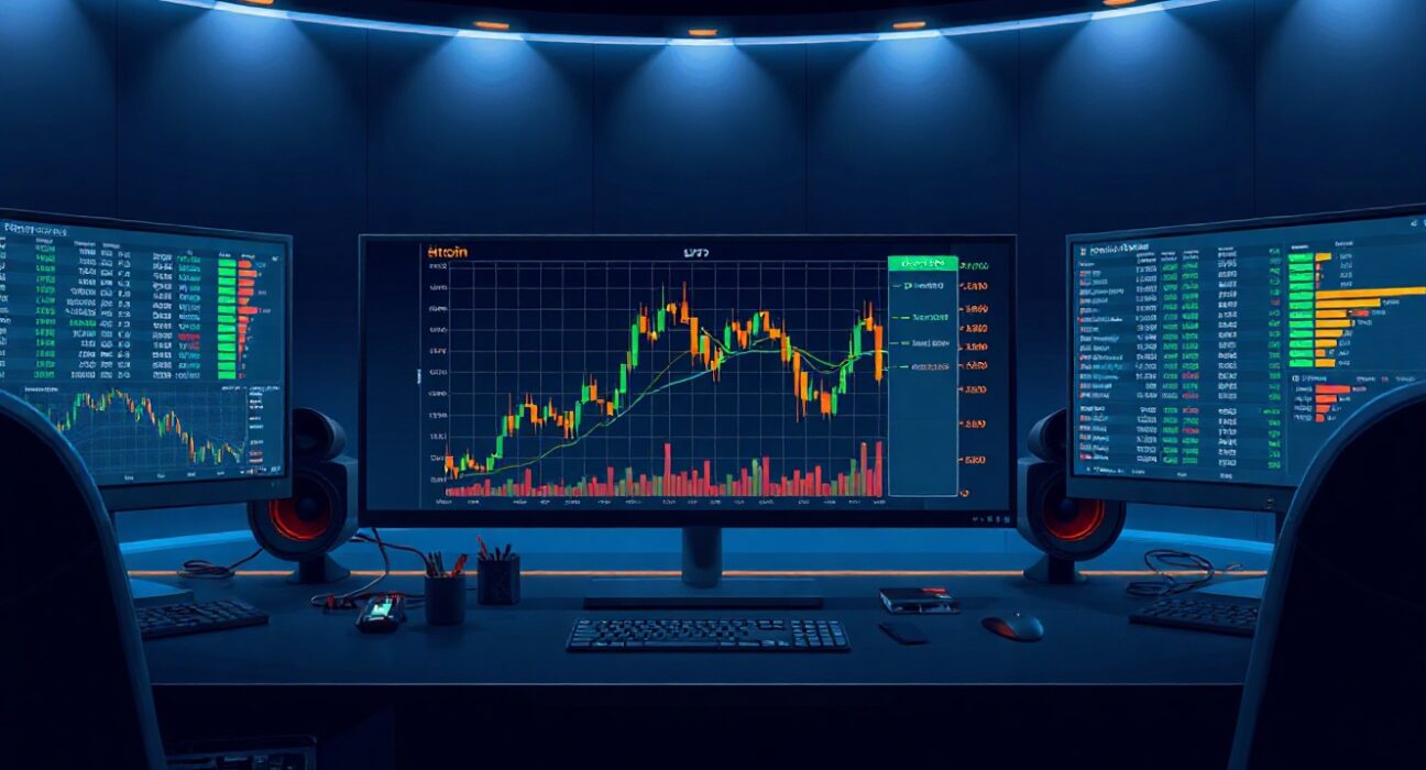 BTC/USDT Cumulative Volume Delta chart on a trading monitor in a professional trading desk setting.