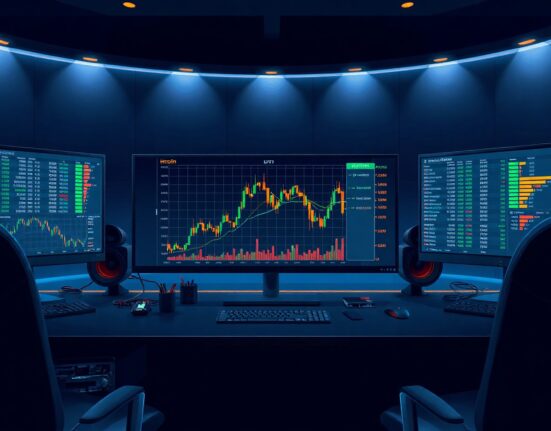 BTC/USDT Cumulative Volume Delta chart on a trading monitor in a professional trading desk setting.