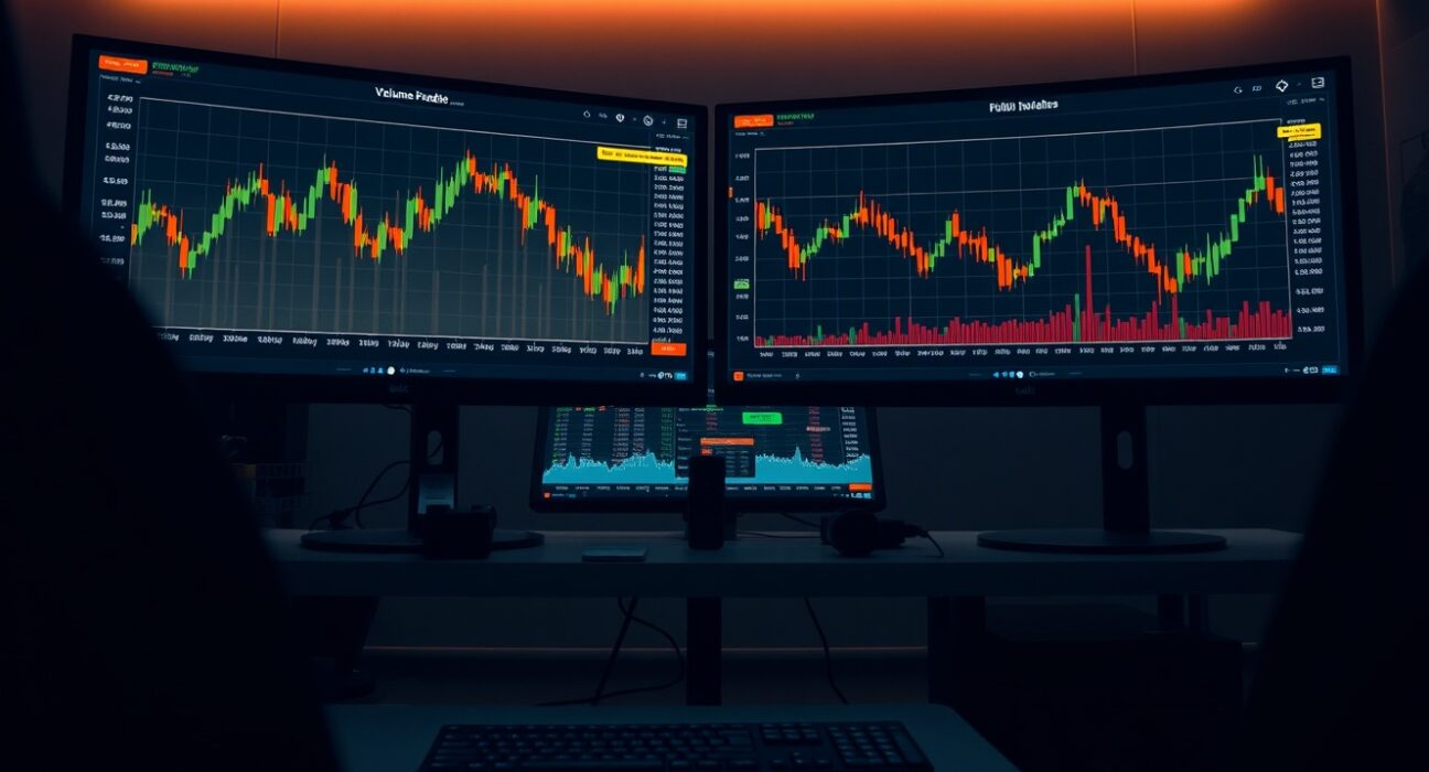 Trading desk monitors showing Bitcoin volume heatmap and CVD chart for market depth analysis.
